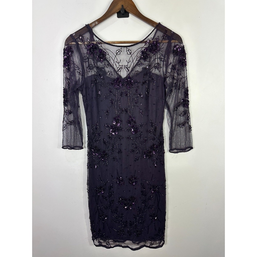 Patra Dress 6 Purple Beaded Sequin Sheer Overlay Cocktail Party Formal Midi